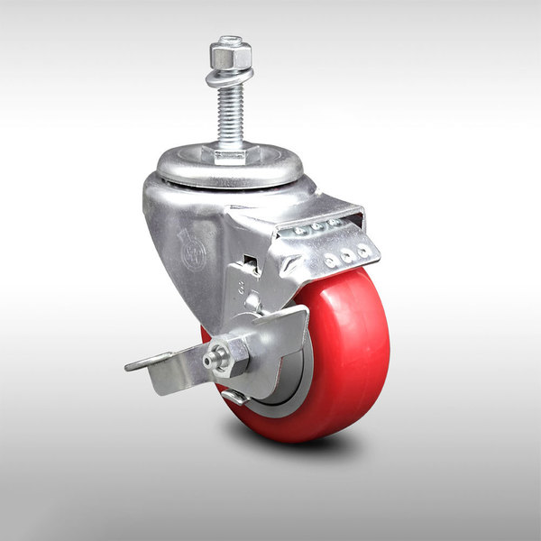 Service Caster 3.5 Inch SS Red Polyurethane Swivel 3/8 Inch Threaded Stem Caster with Brake SCC-SSTS20S3514-PPUB-RED-TLB-381615